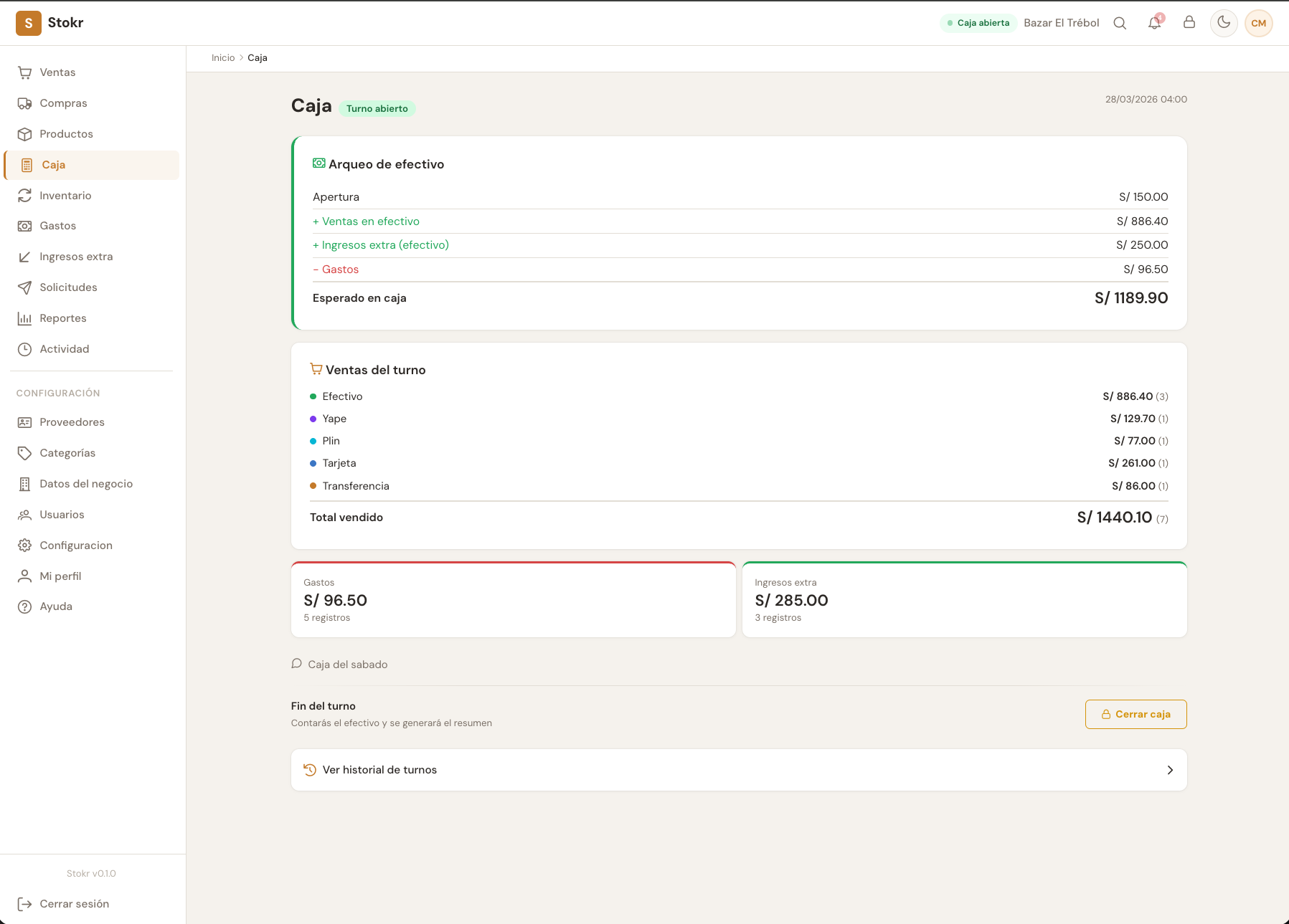 Turno de caja — monto de apertura, ventas del turno y desglose por metodo de pago