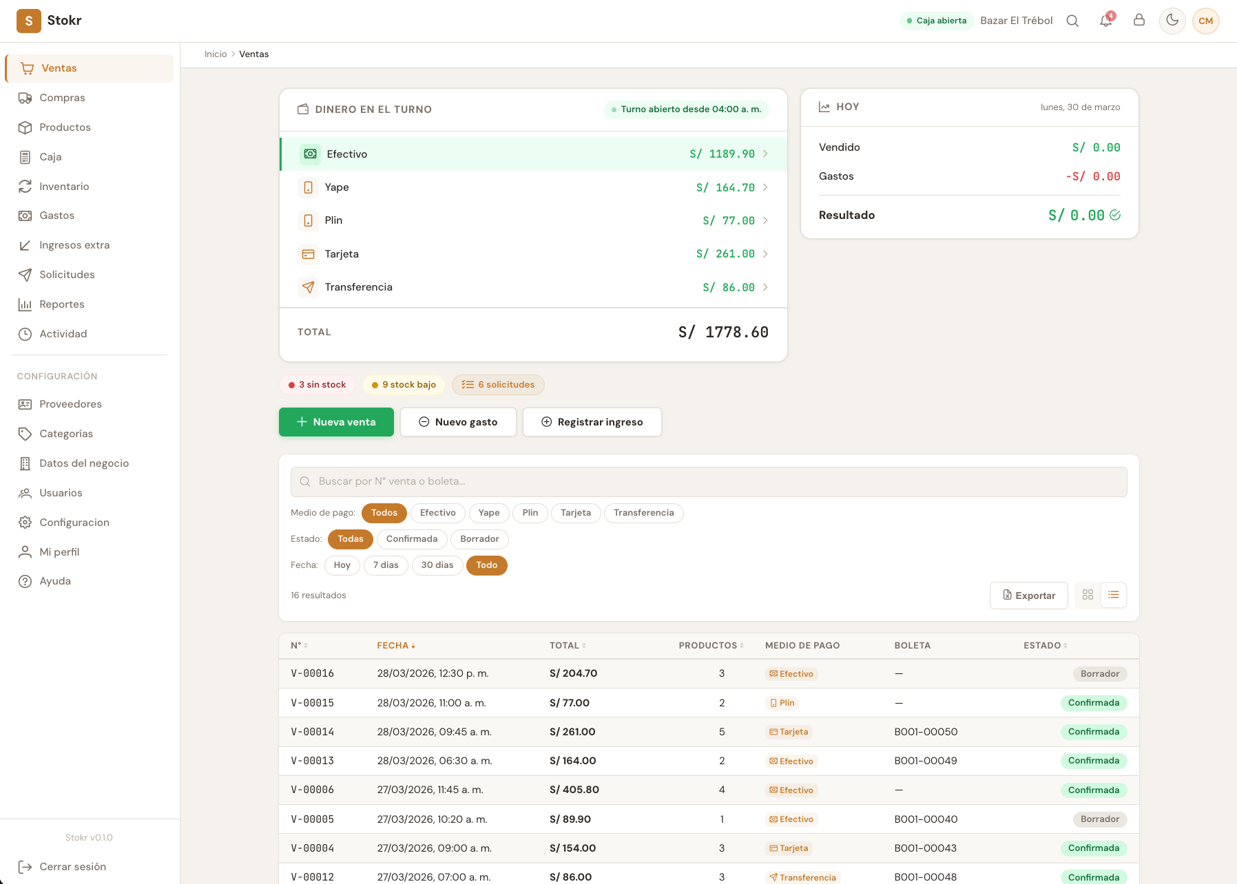 Pantalla de ventas — lista con resumen del dia, ventas recientes y boton de nueva venta